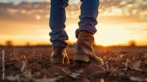 Close-up of a person's feet in boots on cracked, dry ground, with the warm glow of a sunset in the background