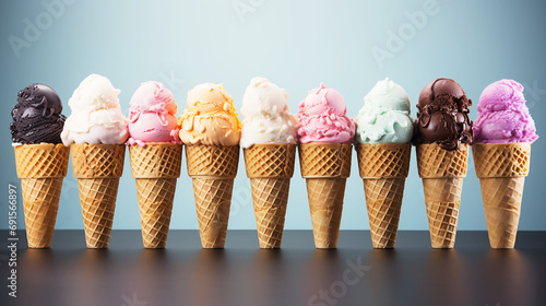 Set rainbow ice cream cone on blue background