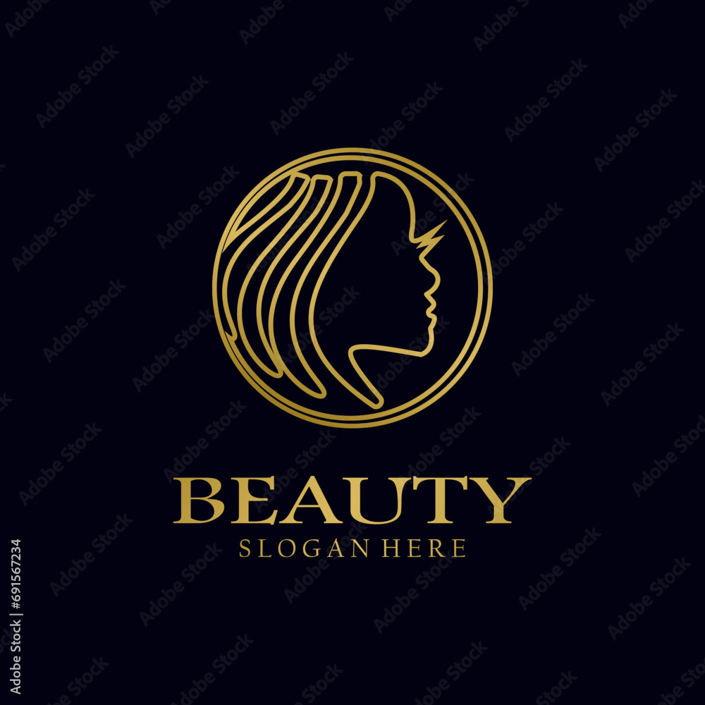 Women's hair salon with modern gold logo design. Premium Vector beauty logo.