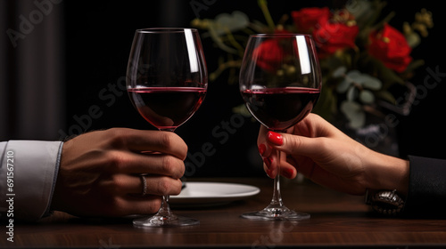 Man and a woman in a romantic setting, toasting with glasses of red wine at a candlelit dinner.