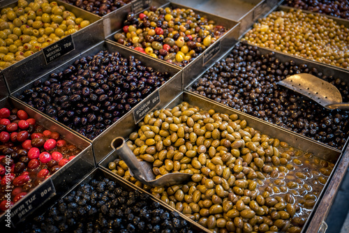 Olives for sale at Kadikoy produce market in Kadikoy, Istanbul; Istanbul, Turkey photo