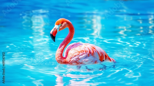 Flamingo swimming in the clean lake with sunny day