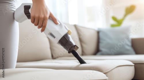 Close-up of a person's hand holding a yellow handheld vacuum cleaner while cleaning a gray fabric sofa. photo