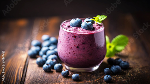 Blueberry smoothie in glass on wooden background photo