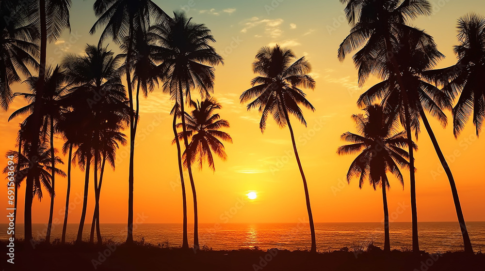 Silhouette of beautiful palm trees with sunrise