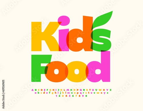 Vector eco sign Kids Food. Childish Colorful Font. Bright set of Alphabet Letters, Numbers and Symbols set