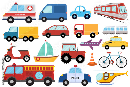 Transport collection in cartoon style. Set with doodle cars for kids and baby design. Vehicles clipart isolated on white background. Vector illustration