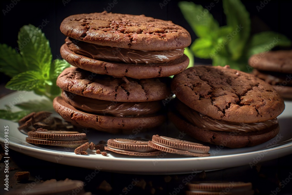 chocolate cookies sandwich with chocolate and mint leaf chocolate cookies sandwich with chocolate and mint leaf