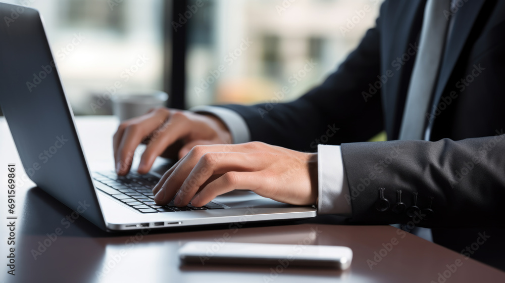 Close-up of a person's hands typing on a laptop keyboard, dressed in a suit, indicating a professional setting or business work Close-up of a person's hands typing on a laptop keyboard, dressed in a suit, indicating a professional setting or business work