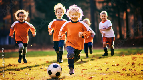 Kids playing soccer game with having fun in sport