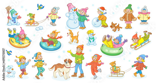 Children in winter. Happy boys and girls play, sculpt a snowman, sledding and walking with toys and pets. Set in cartoon style. Isolated on white background. Vector illustration.