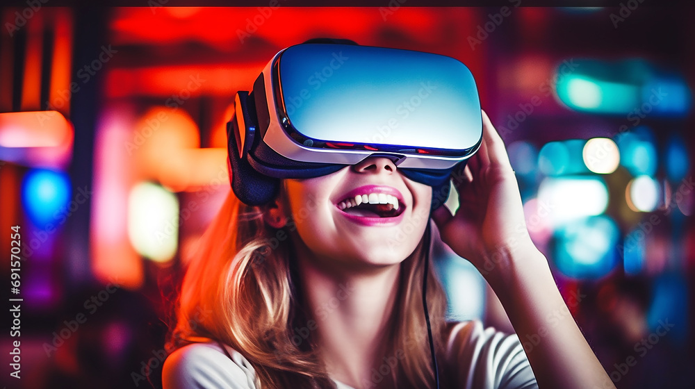 Beautiful woman smiling and wearing VR headset with movie theater background Beautiful woman smiling and wearing VR headset with movie theater background