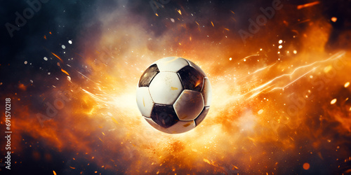 Close up of a fiery Hot soccer ball kicked with power at the stadium. ball exits on the speed from a football stadium in fires flame sport background