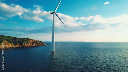 Wind turbine in the sea with blue sky