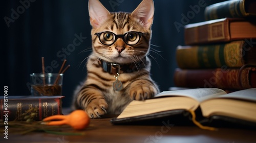 A Domestic Cat Resting on a Table with a Book and Magazine generated by AI tool