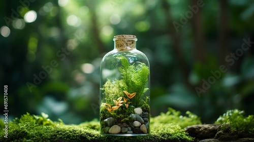 Close-up of Empty Glass Bottle on Green Plant in Nature generated by AI tool