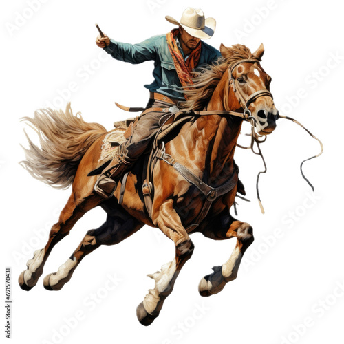  a Cowboy riding his horse, 3/4 view, in a PNG, Western-themed, isolated, and transparent photorealistic illustration. Generative ai © Purple Penguin GFX