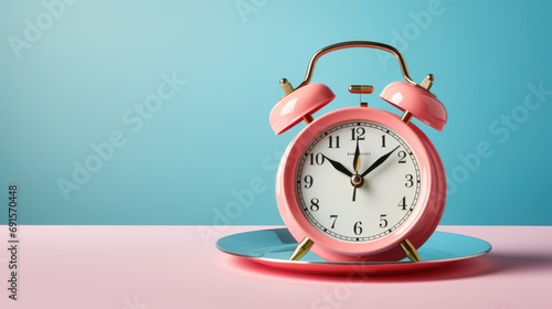 Classic alarm clock with a round face and bells on top, placed on a plate a light blue background.