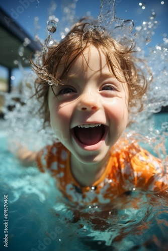 Portrait of joyful boy in the pool, the child is smiling broadly, splashing water, rest, vacation © Good AI