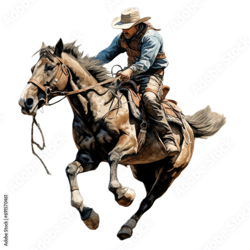 a Cowboy riding his horse, 3/4 view, in a PNG, Western-themed, isolated, and transparent photorealistic illustration. Generative ai © Purple Penguin GFX