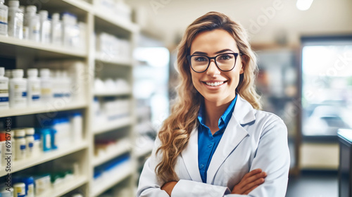 Pharmacist professional with shelves health care products in the drugstore store