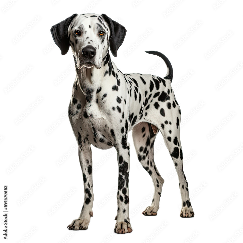 a Dalmatian dog, standing, full body front 3/4 view, in a PNG, Pet-themed, isolated, and transparent photorealistic illustration. Generative ai