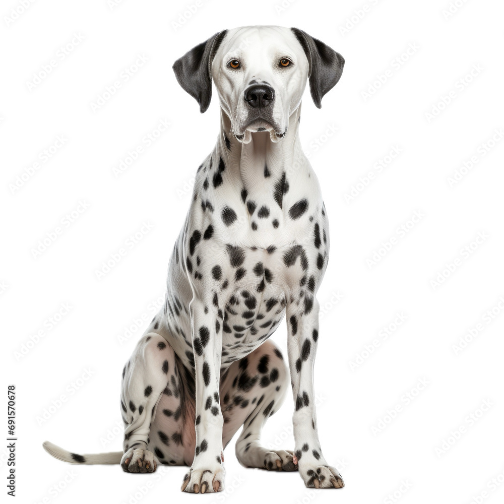 a Dalmatian dog, sitting, full body, front view, in a PNG, Pet-themed, isolated, and transparent photorealistic illustration. Generative ai