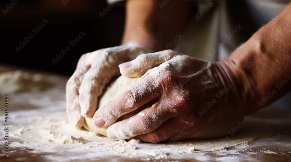 Baker kneading dough and making delicious bread in the kitchen