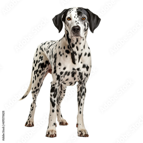 a Dalmatian dog, standing, full body front 3/4 view, in a PNG, Pet-themed, isolated, and transparent photorealistic illustration. Generative ai © Purple Penguin GFX