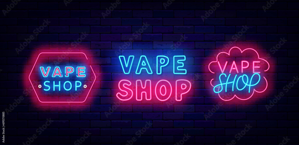 Vape shop neon labels collection. Smoke market label. Cloud frame. Bright advertisings set. Vector stock illustration