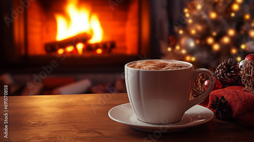 chocolate hot cocoa with cinnamon sticks on the wooden table in front of a fireplace