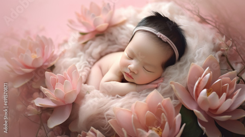 Sleeping asian newborn baby in natural decor lotus flowers like an artistic stylized baby photo shoot