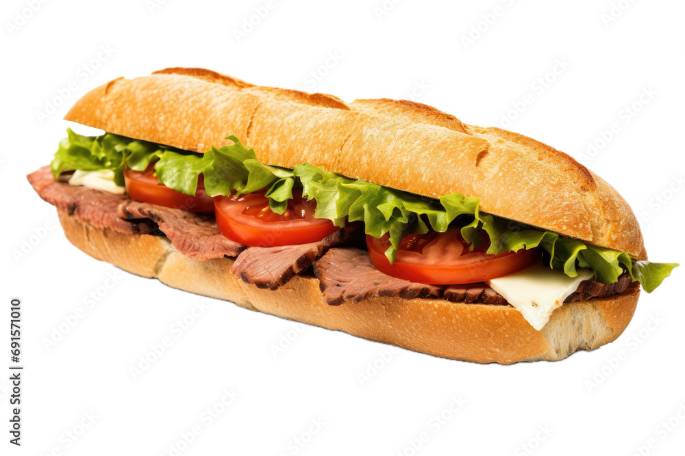 a roast beef sandwich in a 3/4 view, isolated and transparent PNG in a sub-sandwich-themed, photorealistic illustration. Generative ai a roast beef sandwich in a 3/4 view, isolated and transparent PNG in a sub-sandwich-themed, photorealistic illustration. Generative ai