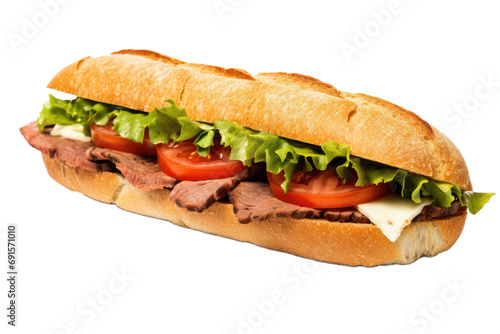 a roast beef sandwich in a 3/4 view, isolated and transparent PNG in a sub-sandwich-themed, photorealistic illustration. Generative ai