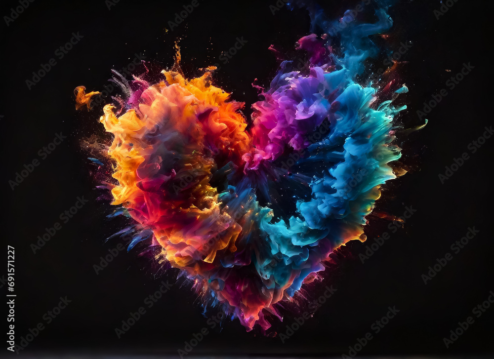 Obraz premium An explosion of colorful colors in the heart. Feelings and emotions. AI 