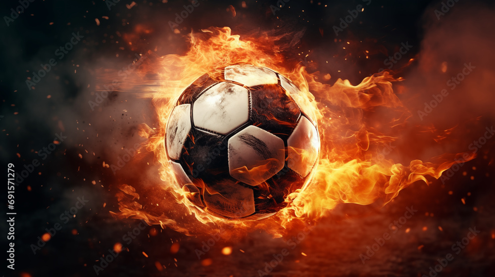 Fototapeta premium A fiery soccer ball during a game. Generate Ai