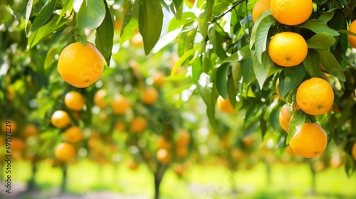 Clean background image with citrus fruits on tree branches in an orchard. Agricultural and informative style. Blank space for lettering