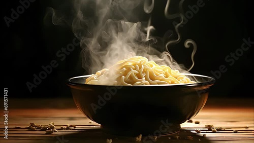 steam rose from a bowl of hot noodles photo