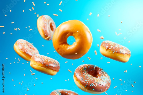 Flying donuts sprinkled on blue background
