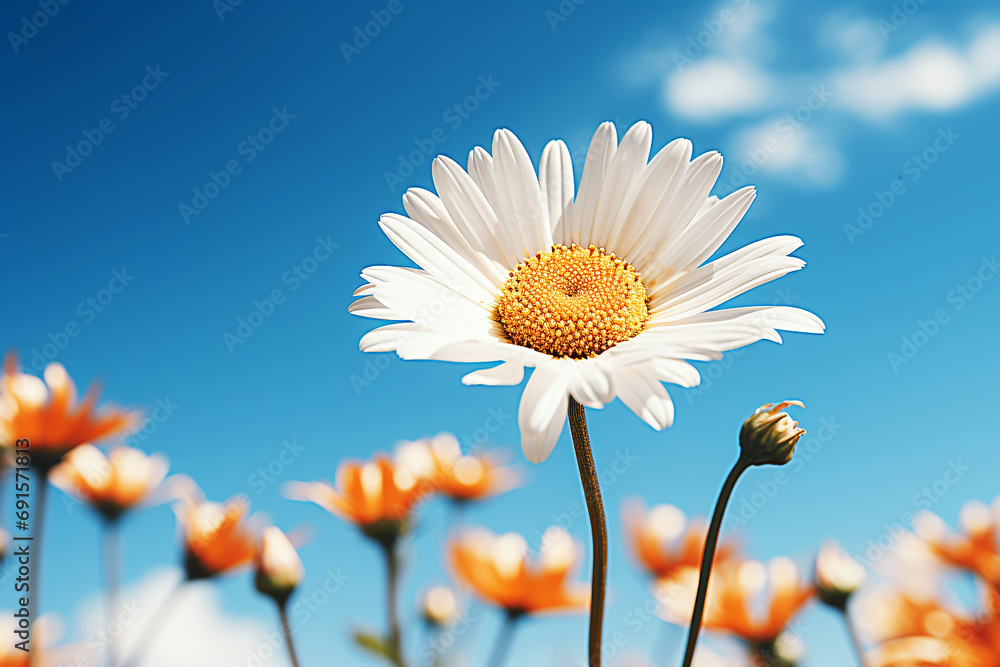 Daisy flower in field with blue sky