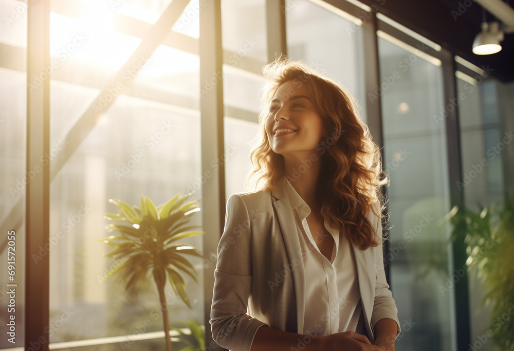 Happy smiling businesswoman standing in middle of an open space office , sun light coming from wide window