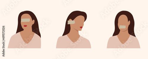 A set of three girls who doesn't want to hear, see or speak hides their problems. Flat style. Vector illustration.