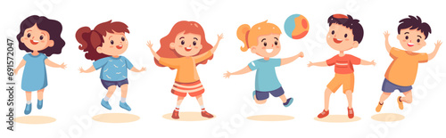 Set of happy playful children - flat color vector illustration