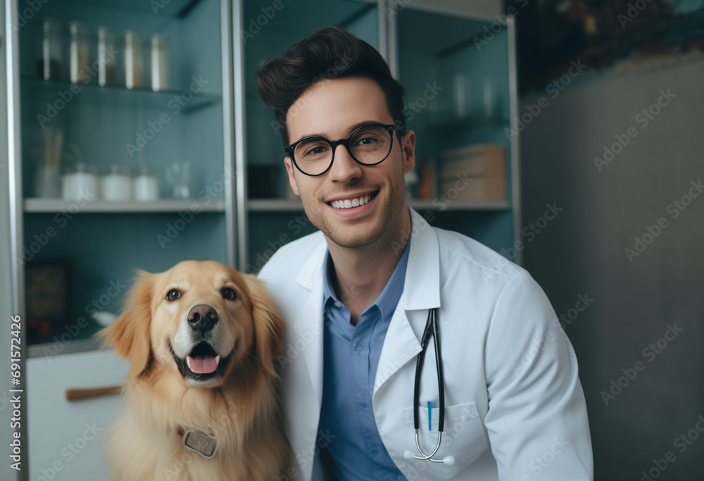 Portrait of a Young Veterinarian in Glasses Petting a Noble Healthy Golden Retriever Pet in a Modern Veterinary Clinic. Handsome Man Looking at Camera and Smiling Together with the Dog.