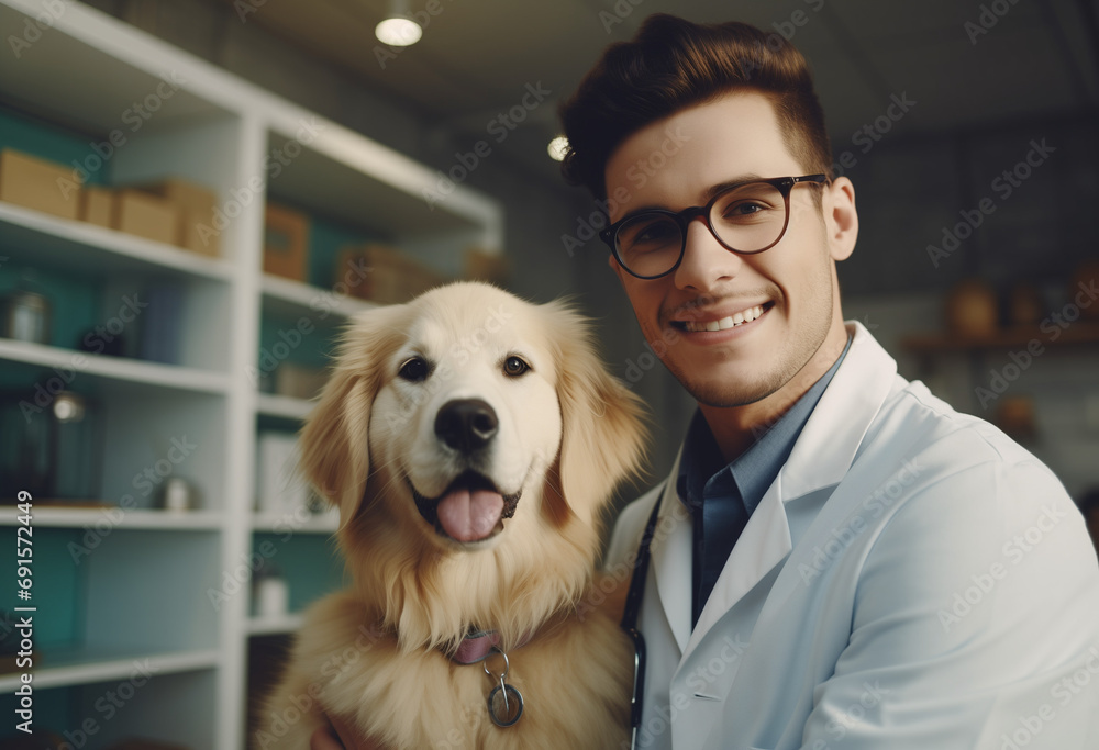 Portrait of a Young Veterinarian in Glasses Petting a Noble Healthy Golden Retriever Pet in a Modern Veterinary Clinic. Handsome Man Looking at Camera and Smiling Together with the Dog.