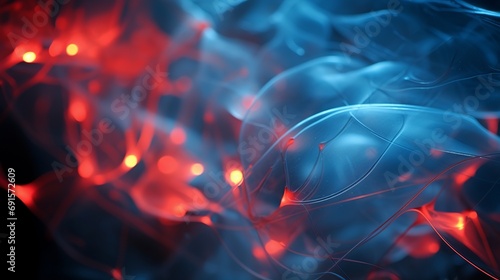 Close-up of a thin, abstract, blue, translucent wire with lights within arranged erratically on a black background with tiny red spots