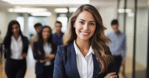 Smiling attractive confident professional woman posing at her business office with her coworkers and employees in the background. Plenty of copy space.