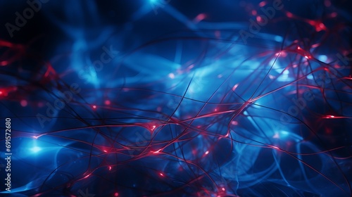 Close-up of a thin, abstract, blue, translucent wire with lights within arranged erratically on a black background with tiny red spots