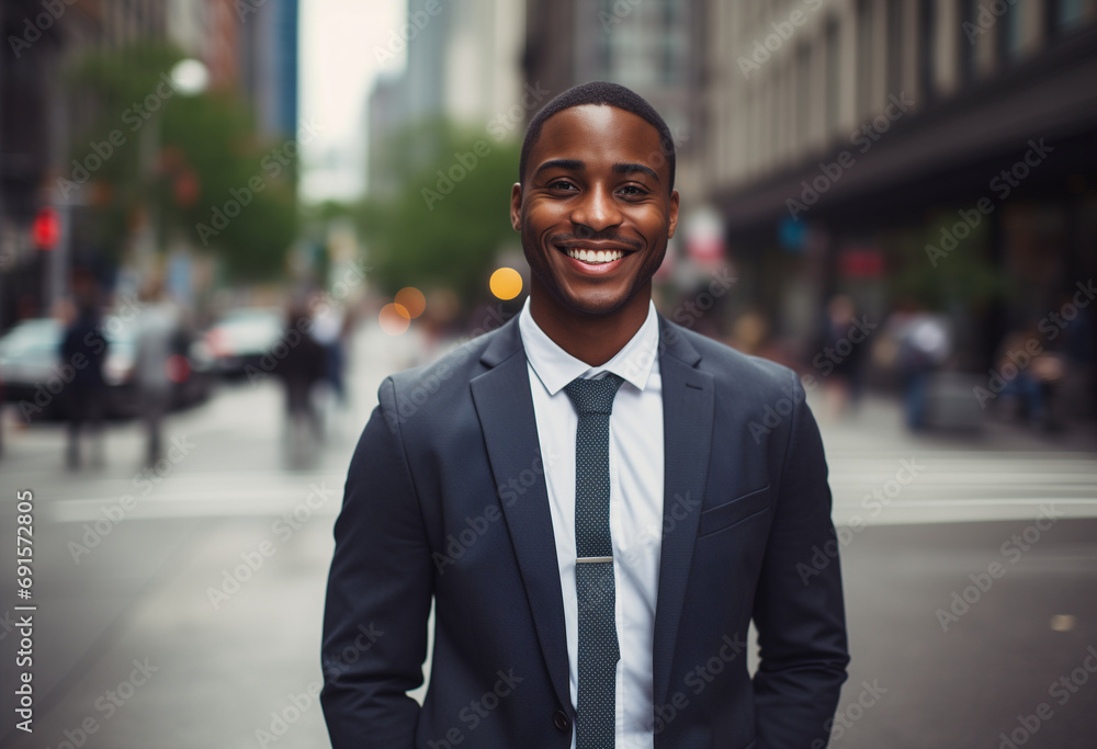 Smiling portrait of a happy young african american businessman in the city