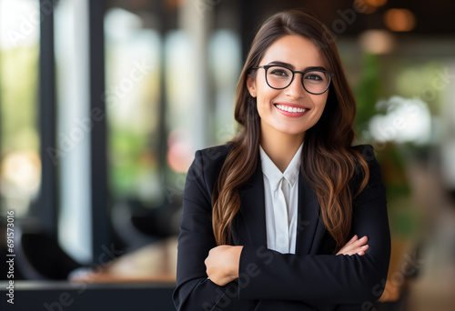 Young happy cheerful professional business woman, happy laughing female office worker wearing glasses looking away at copy space advertising job opportunities or good business services